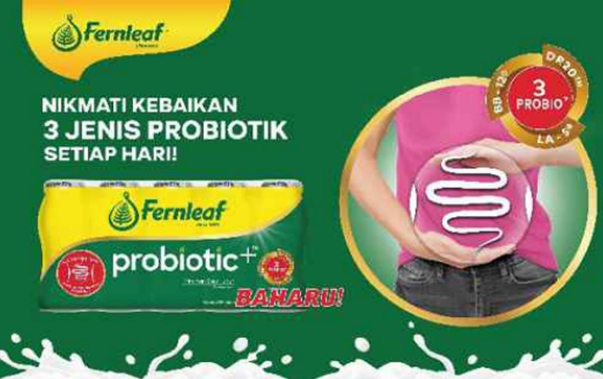 MINUMAN Susu Kultur Probiotik+ Fernleaf dengan tiga jenis probiotik. 