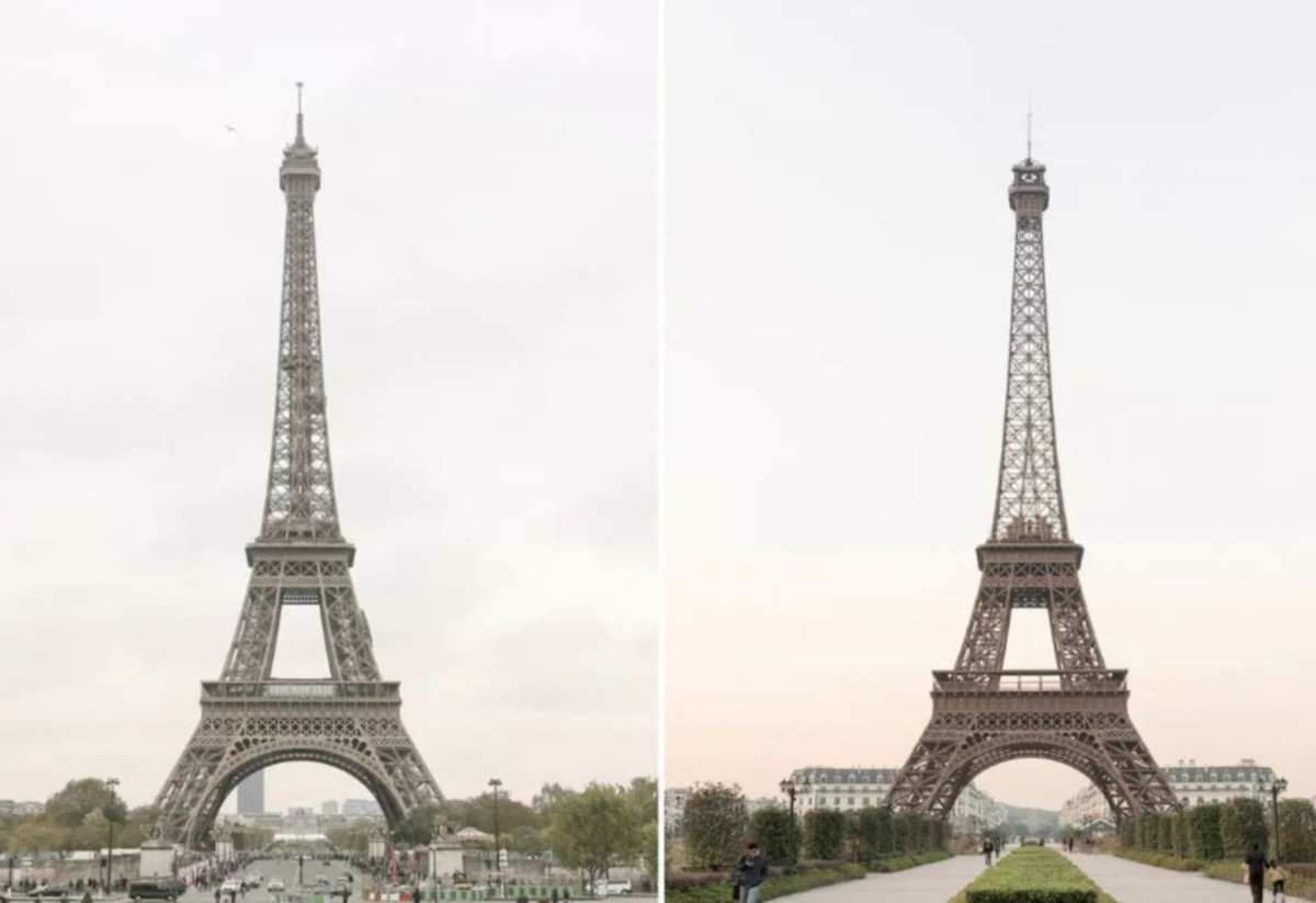 MENARA Eiffel di Paris (kiri) dan Menara Eiffel tiruan di Tianducheng. Foto Agensi