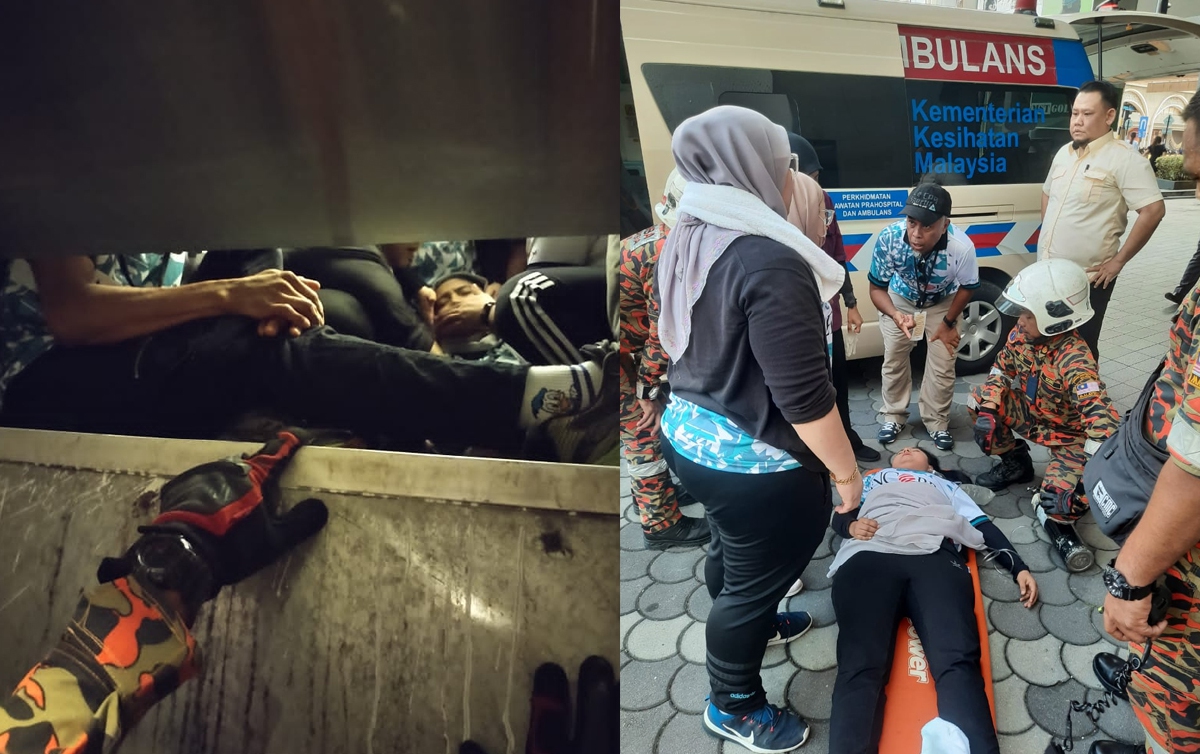 KAKITANGAN perubatan dan anggota bomba menyelamatkan seorang wanita yang pengsan akibat terperangkap dalam lif hotel kira-kira 20 minit. FOTO ihsan JBPM Melaka