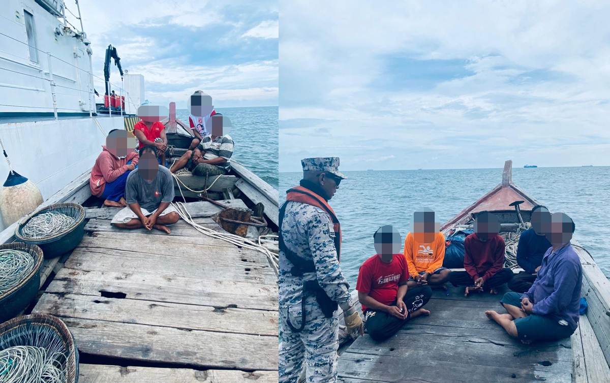 DUA bot nelayan dikendalikan 10 warga Indonesia termasuk dua tekong yang leka mengaut hasil laut dicekup Maritim Malaysia Selangor di perairan Tanjong Karang, semalam. FOTO ihsan Maritim Malaysia