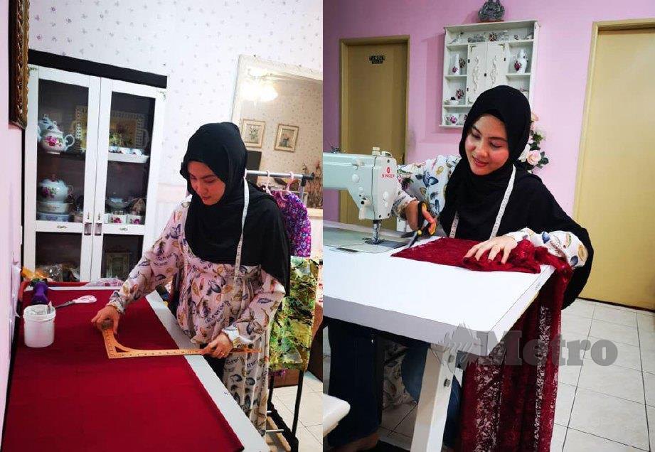 FATIN Syahirah giat menyiapkan tempahan baju raya pelanggannya di Kota Kinabalu. FOTO Yun Mikail