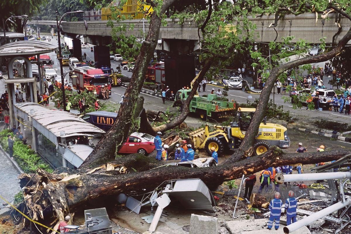 Kejadian pokok tumbang yang menyebabkan beberapa kenderaan dihempap pokok di Jalan Sultan Ismail. FOTO ASWADI ALIAS