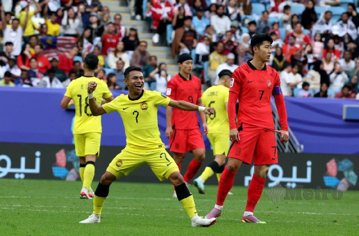 FAISAL Halim meraikan jaringannya ketika bertemu Korea Selatan ketika aksi terakhir Kumpulan E sempena Piala Asia 2023 Qatar di Stadium Al Janoub, Doha. FOTO HAIRUL ANUAR RAHIM