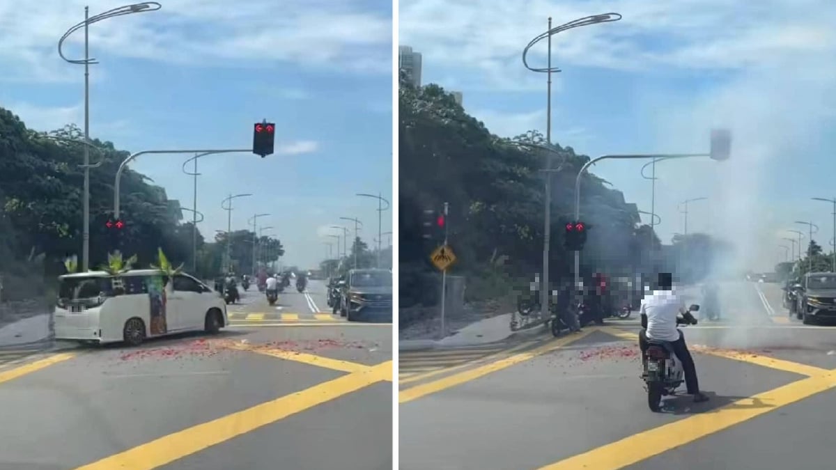 Polis mengesan rakaman video tular yang menunjukkan sebuah kenderaan pelbagai guna (MPV) Toyota Vellfire menghalang lalu lintas dan lelaki membakar mercun di Jalan Kayu Ara, Damansara, Petaling Jaya, semalam. FOTO Ihsan Polis