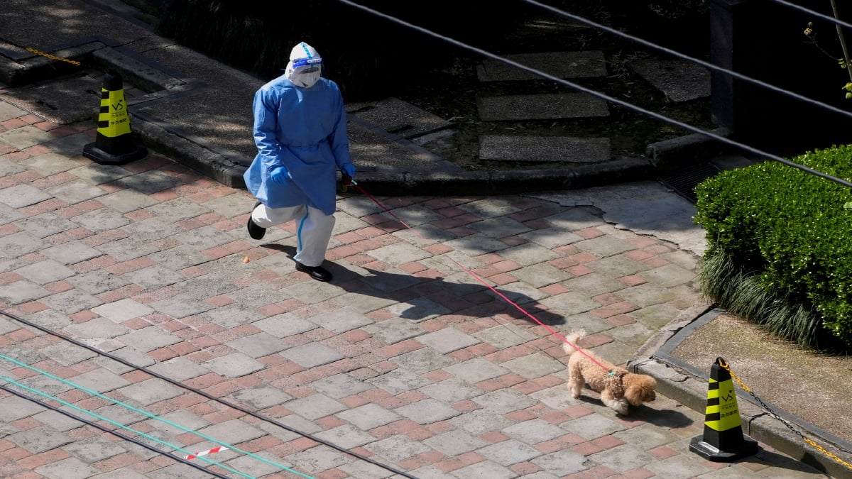 PENDUDUK lengkap berpakaian perlindungan diri (PPE) membawa anjingnya keluar berjalan-jalan di Shanghai, China. FOTO REUTERS