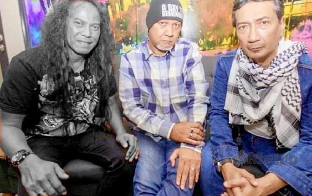 Allahyarham Man Karen (kiri) yang juga pemain bass Rusty Blade bersama anggota kumpulan itu, Khalid Mobin (gitar) dan Zan (dram).