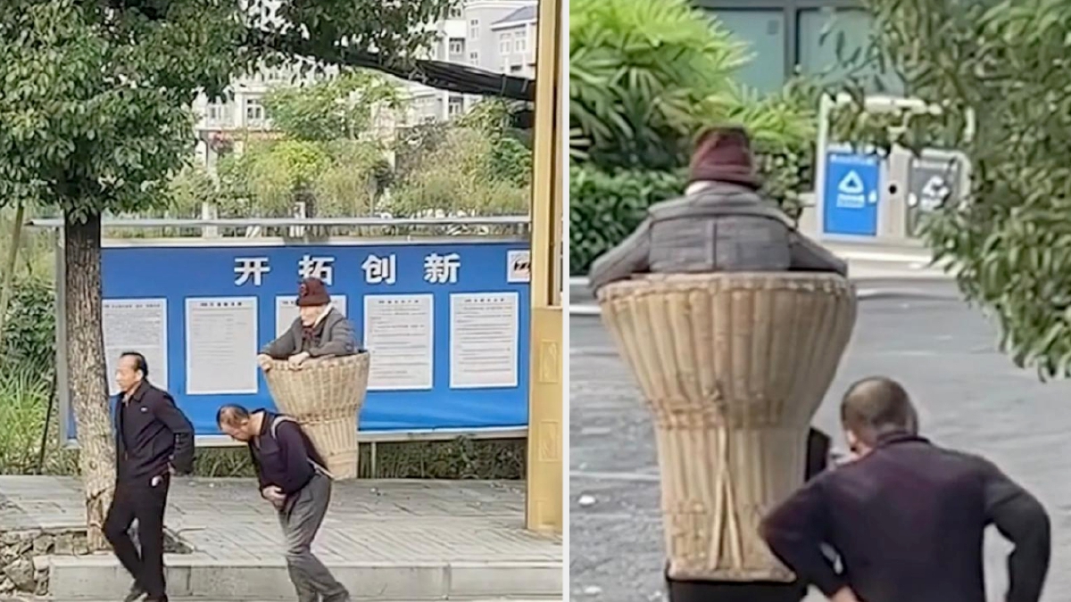 Dua beradik di China bergilir membawa ibu mereka ke hospital menggunakan bakul buluh. FOTO Douyin