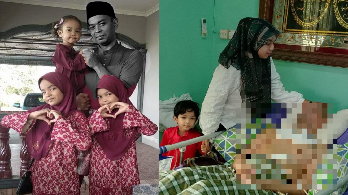 (Kiri) Norizan bersama anak-anaknya. (Kanan) Sharifah Haizul Akmal menjaga suaminya yang koma selama tiga tahun. FOTO Ihsan Sharifah Haizul Akmal dan Amirul Aiman Hamsuddin