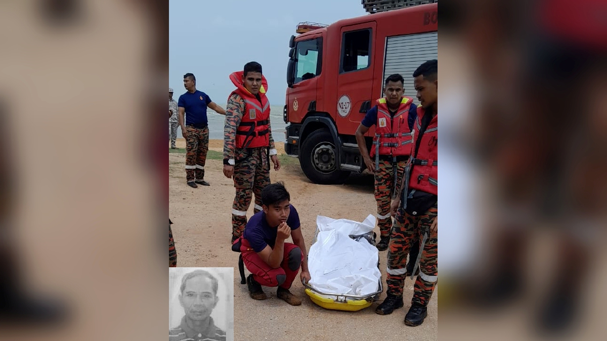 Anggota bomba mengangkat mayat lelaki lemas di Pantai Cermin, Kuala Sungai Baru sebelum diserahkan kepada polis untuk tindakan lanjut. Foto Ihsan IPD Alor Gajah. (Gambar kecil) Allahyarham Haudi Sujai