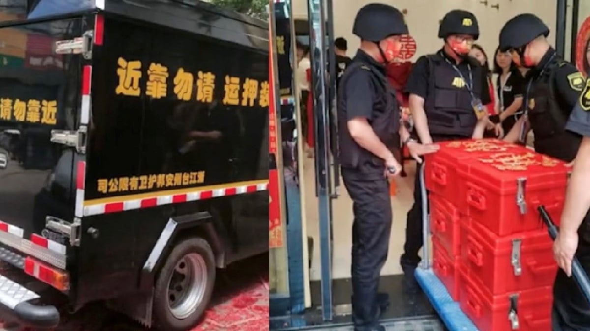 Hantaran yang dibawa lelaki itu kepada bakal isterinya. FOTO Sina Weibo
