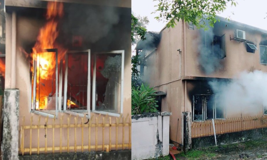 TUJUH daripada lapan sekeluarga melecur anggota badan dalam kejadian kebakaran sebuah rumah teres dua tingkat di Taman Cahaya Alam Seksyen U12, awal pagi tadi. FOTO ihsan JPBM Selangor.