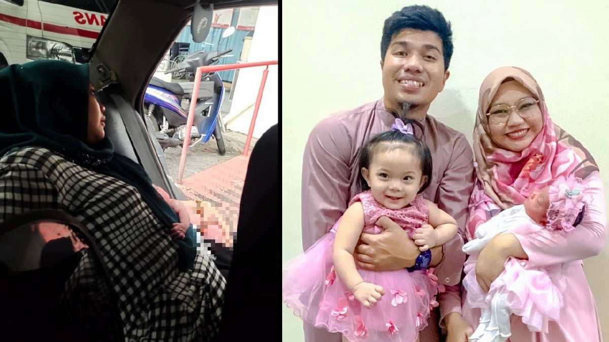  (kiri) Nurul Natashaina selepas bersalin di dalam kereta. (kanan) Nurul Natashaina bersama suami dan dua anaknya. FOTO Ihsan Nurul Natashaina 