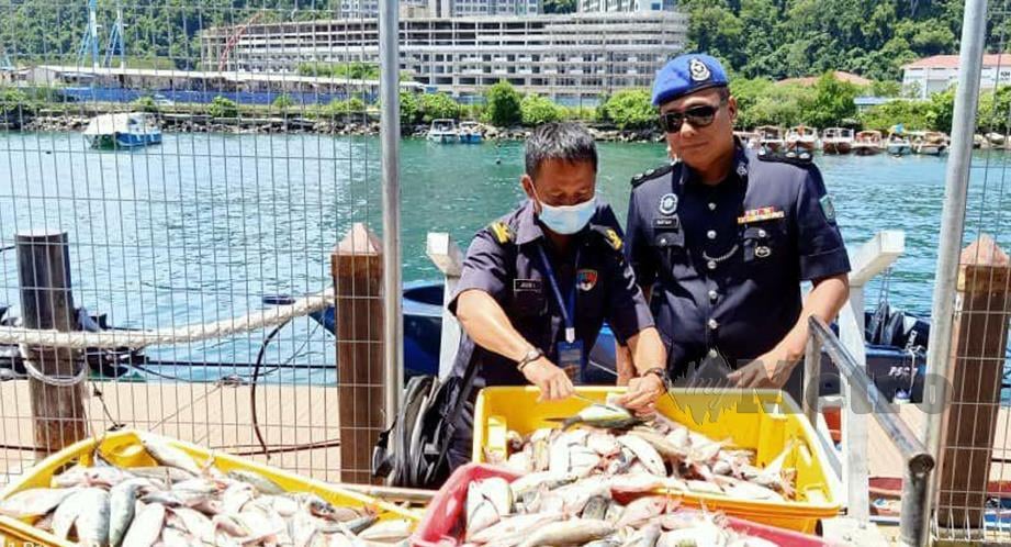 DUA lelaki ditahan kerana disyaki melakukan aktiviti menangkap ikan menggunakan kaedah bom ikan di Kota Kinabalu. FOTO Juwan Riduan