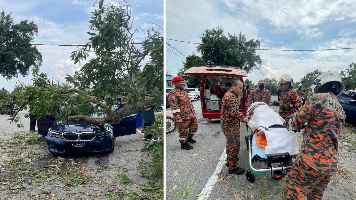 Wanita cedera di paha kiri akibat tusukan kayu selepas kereta dipandunya dihempap pokok tumbang di Jalan Pertahanan, Taman Desa Rahmat di sini, hari ini. FOTO Ihsan Bomba