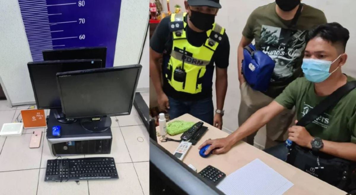 Polis memeriksa komputer yang dipercayai digunakan bagi pertaruhan bola sepak Euro di Melaka, hujung minggu lalu. FOTO Ihsan Polis.
