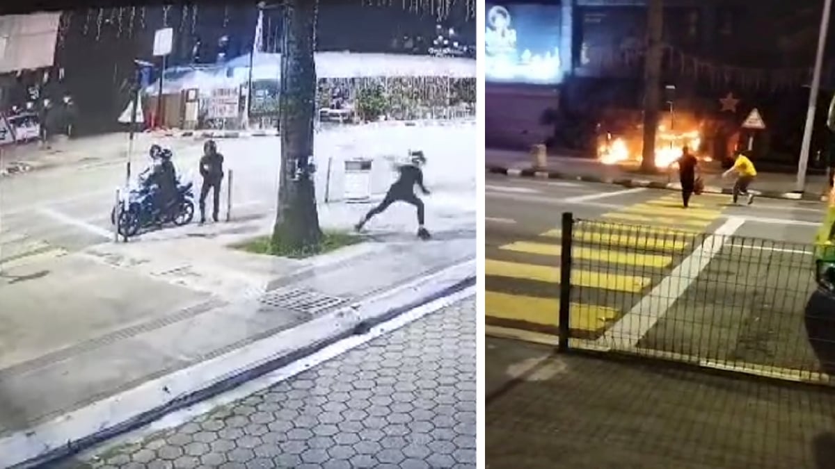 (kiri) TANGKAP layar CCTV menunjukkan empat lelaki menaiki motosikal dipercayai membaling bom petrol terhadap sebuah pusat hiburan di Jalan Yap Kwan Seng, Kuala Lumpur, awal pagi tadi. (kanan) Tangkap layar video menunjukkan orang awam membantu memadamkan kebakaran pusat hiburan berkenaan. VIDEO Viral