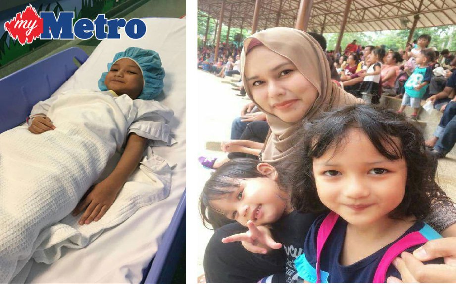 Hanis (kanan) bersama ibunya, Nur Hasni dan adiknya, Hanna. Hanis ketika menerima rawatan di Hospital Serdang baru-baru ini (gambar kiri). FOTO ihsan Nur Hasni Fadillah