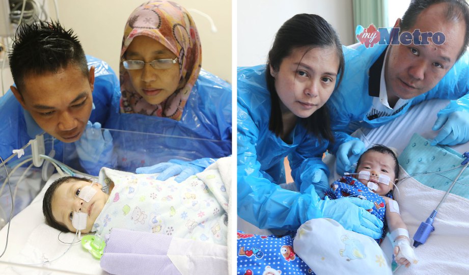KARIM  dan isteri, Hendrieta Walter Lili bersama anak mereka, Nur Qasdina di Hospital Gleneagles. Gambar kanan, SAM  (kanan) dan isteri, Lee Siow Huay bersama anak mereka, Sam Jia Ler. FOTO Owee Ah Chun.