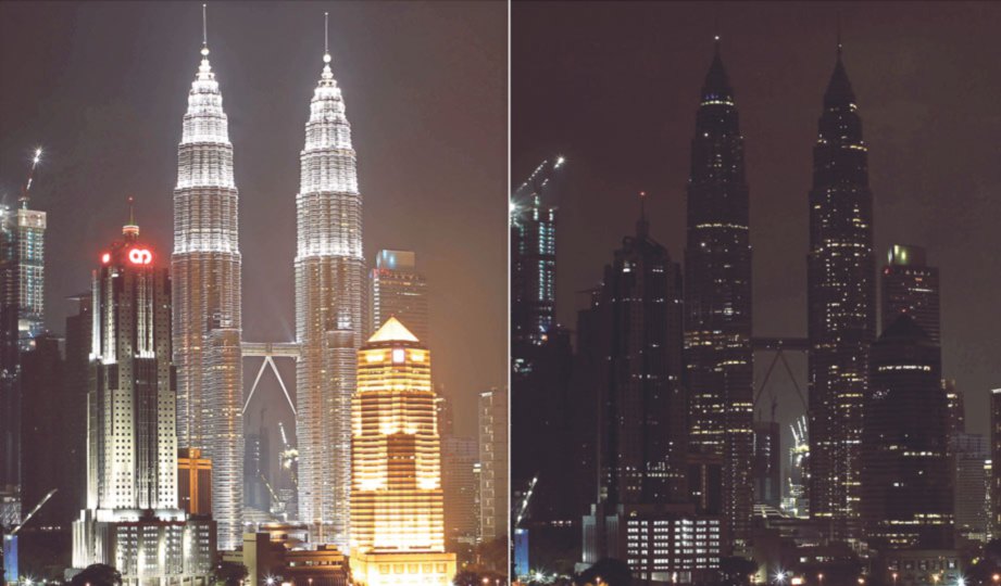 MENARA Berkembar Petronas sebelum (kiri) dan ketika Earth Hour 2017.