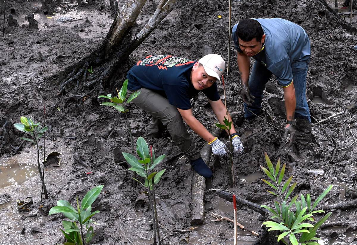 NIK Nazmi (kiri) menanam benih bakau pada Majlis Pelancaran Rakan Bumi Initiatif untuk Program Penanaman Bakau 2024 di Mangrove Point Pelabuhan Klang. FOTO BERNAMA