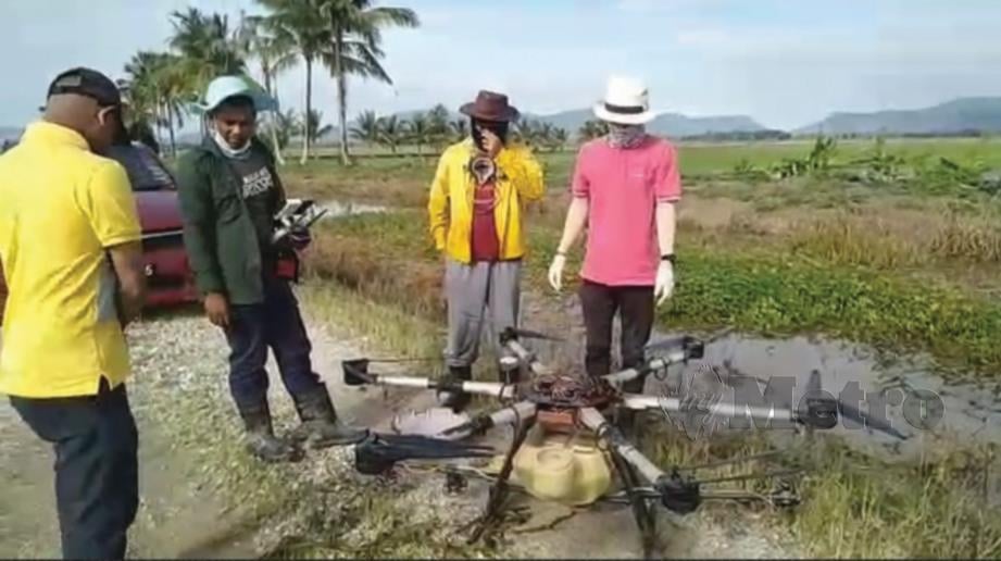 Dron yang digunakan untuk menyembur racun dan baja cecair di sawah untuk menghapuskan penyakit pada padi serta serangan serangga dan ulat padi di Bendang Jelor.FOTO NIK ABDULLAH NIK OMAR