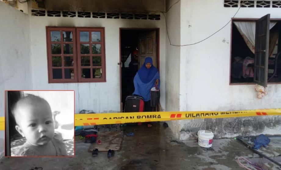 FATIMAH mengambil barang boleh digunakan selepas kebakaran di rumahnya hari ini. (Gambar kecil), Siti Nur Aini yang maut dalam kebakaran itu. FOTO Ahmad Ismail. 