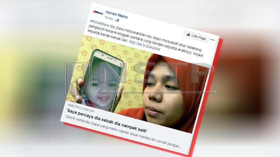 LAPORAN portal berita Harian Metro mengenai ibu Zara, Noraihan Ab Aziz yang meminta supaya ibu bapa memeriksa dulu latar belakang pengasuh sebelum menghantar anak. 