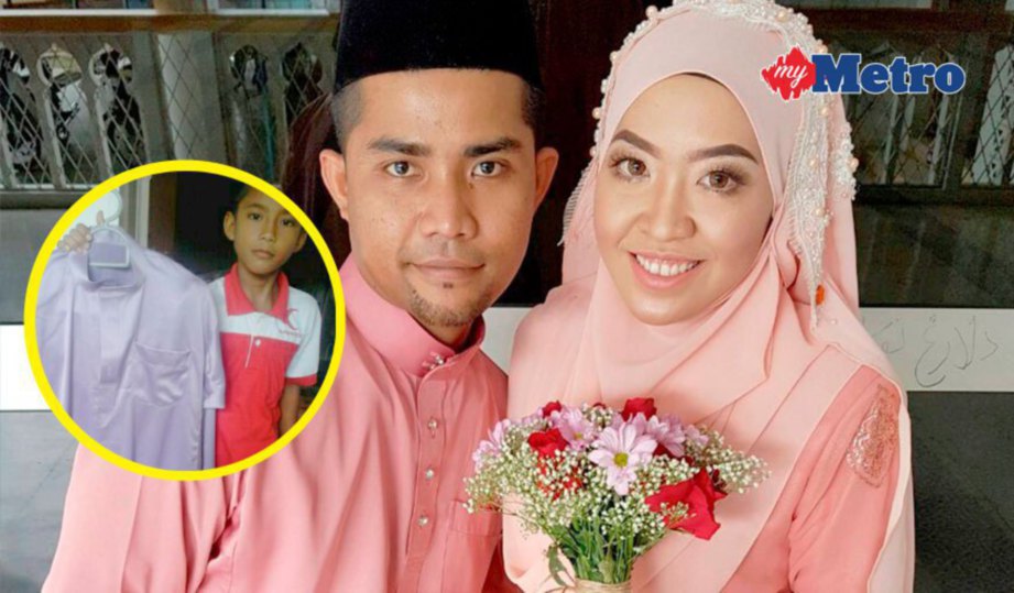 GAMBAR pengantin baru, Muhammad Shaidi dan Nurnaqiah pada hari perkahwinan mereka, 16 September lalu. Gambar kecil, anak saudara mangsa menunjukkan baju Melayu yang sepatutnya dipakai bapa saudaranya pada majlis Sabtu ini.