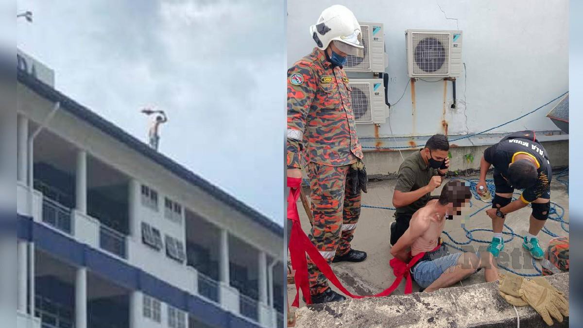 BOMBA berjaya memujuk dan menyelamat seorang lelaki yang dipercayai cuba membunuh diri di bumbung IPD Kuala Muda, hari ini. FOTO tular