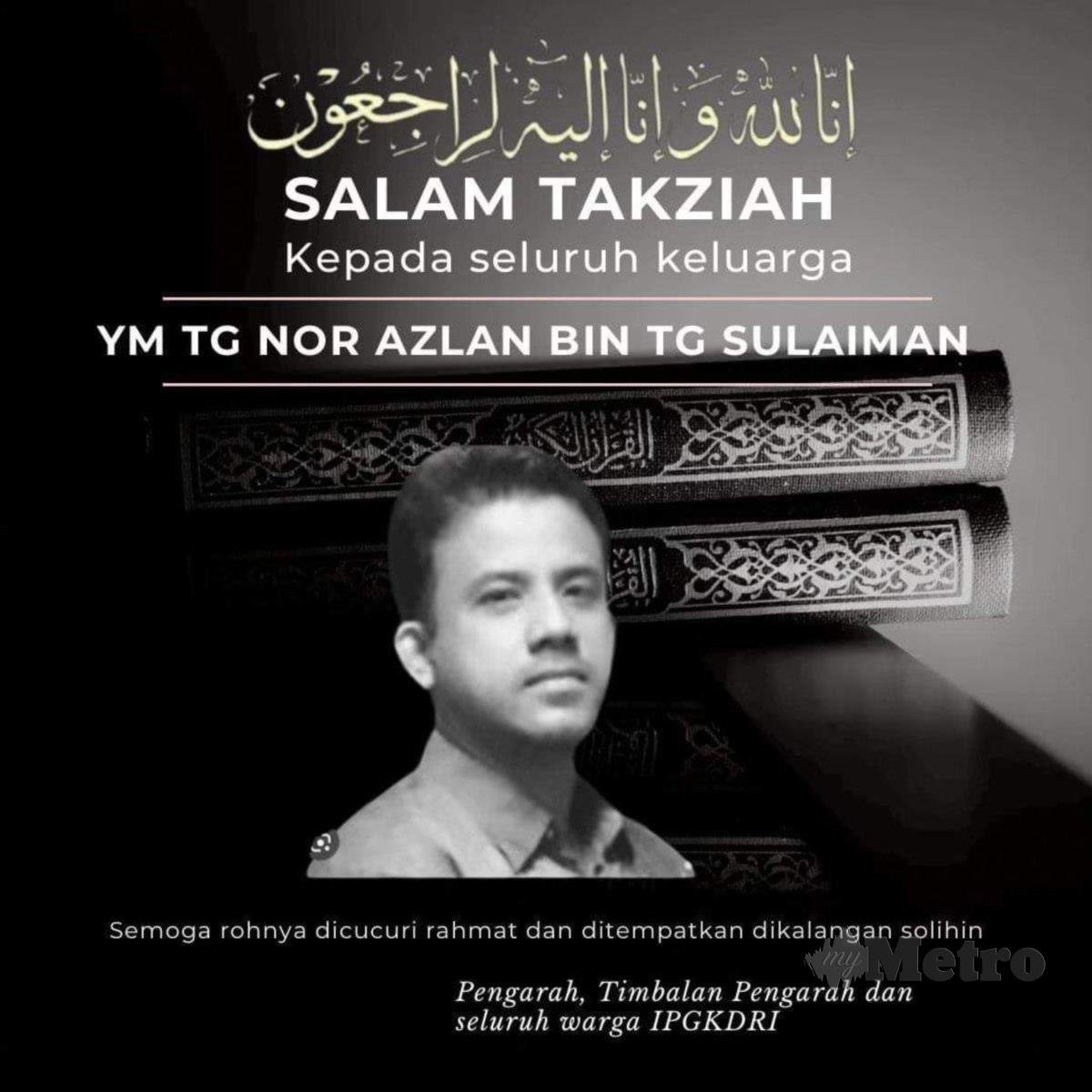 ALLAHYARHAM Tengku Norazlan meninggal dunia ketika bermain tenis. FOTO ihsan FB IPG Kampus Dato’ Razali Ismail