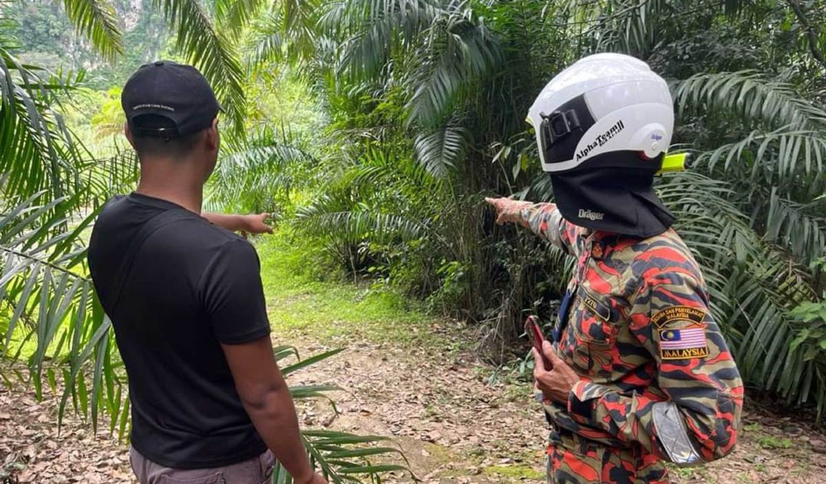 MUHAMMAD Luqman Haqim (kiri) menujukkan lokasi dia terserempak dengan harimau belang ketika mahu memancing di kawasan ladang kelapa sawit berhampiran Taman Dovenby Fasa 2. FOTO Ihsan pembaca
