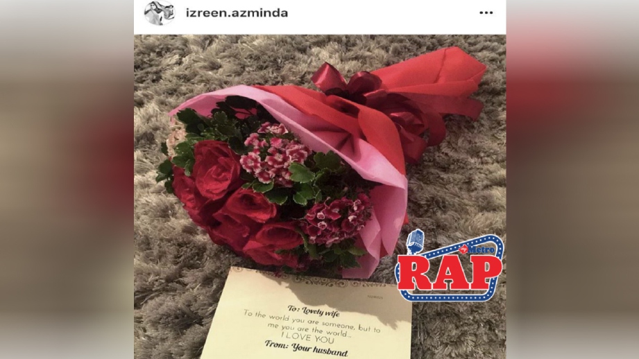 STATUS dalam Instagram milik Izreen Azminda yang terharu menerima bunga ros daripada suaminya. FOTO Ihsan Instagram Izreen Azminda