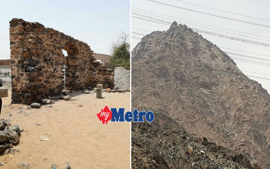 (Gambar kiri) Kesan peninggalan Masjid Hudaibiyah. (Gambar kanan) Jabal Thur. FOTO Nasharuddin Muhammad
