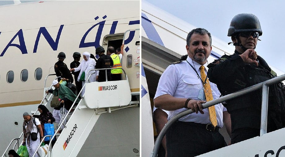 Penumpang dengan sebahagiannya jemaah haji turun dari pesawat dan gambar kanan, anggota komando mengiring juruterbang keluar. - Foto  MIAA/EPA