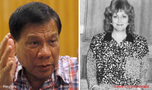 Datuk Bandar Davao, Rodrigo Duterte yang juga calon presiden Filipina (kiri) dan Jacqueline Hamill (kanan). 
