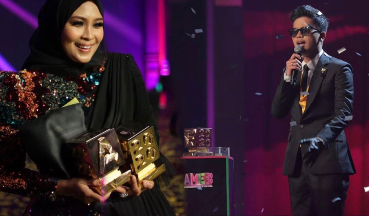 SITI Nordiana (kiri) dan Haqiem Rusli dinobatkan Top Top MeleTOP Wanita dan Lelaki pada Anugerah MeleTOP Era (AME2020).
