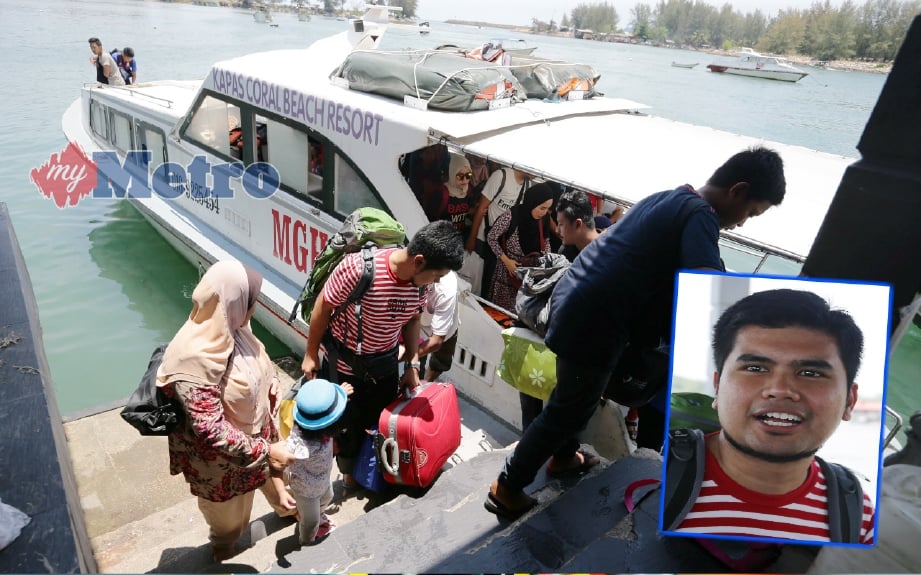 Pelancong dari Pulau Kapas mengunakan perkhidmatan bot dan feri untuk pulang ke jeti Marang selepas bercuti panjang sempena cuti umum. (Gambar kecil) Norhafifi. FOTO Rozainah Zakaria