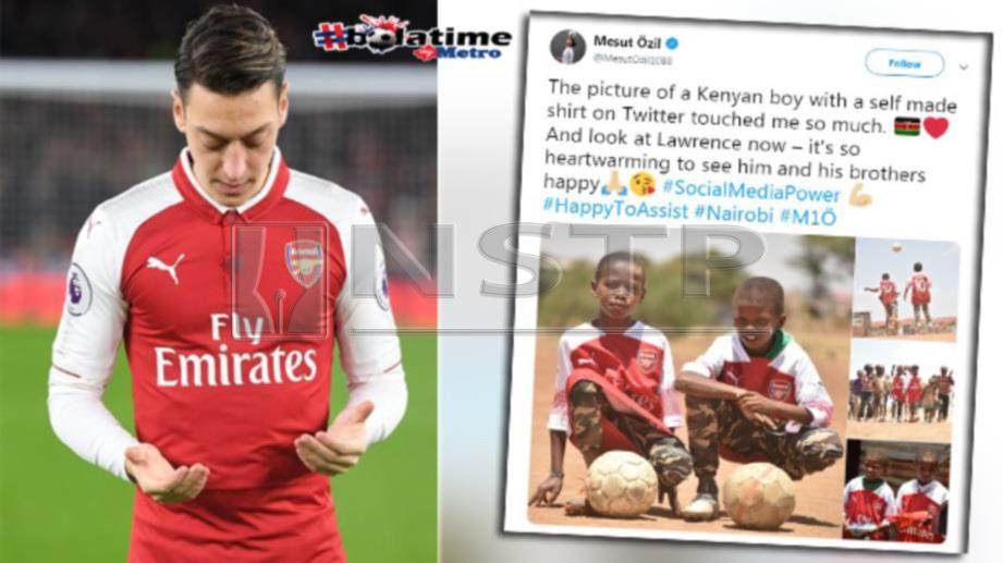 Ozil mengirimkan jersi Arsenal dan but kepada Lawrence dan adiknya di Kenya. FOTO AFP/Twitter