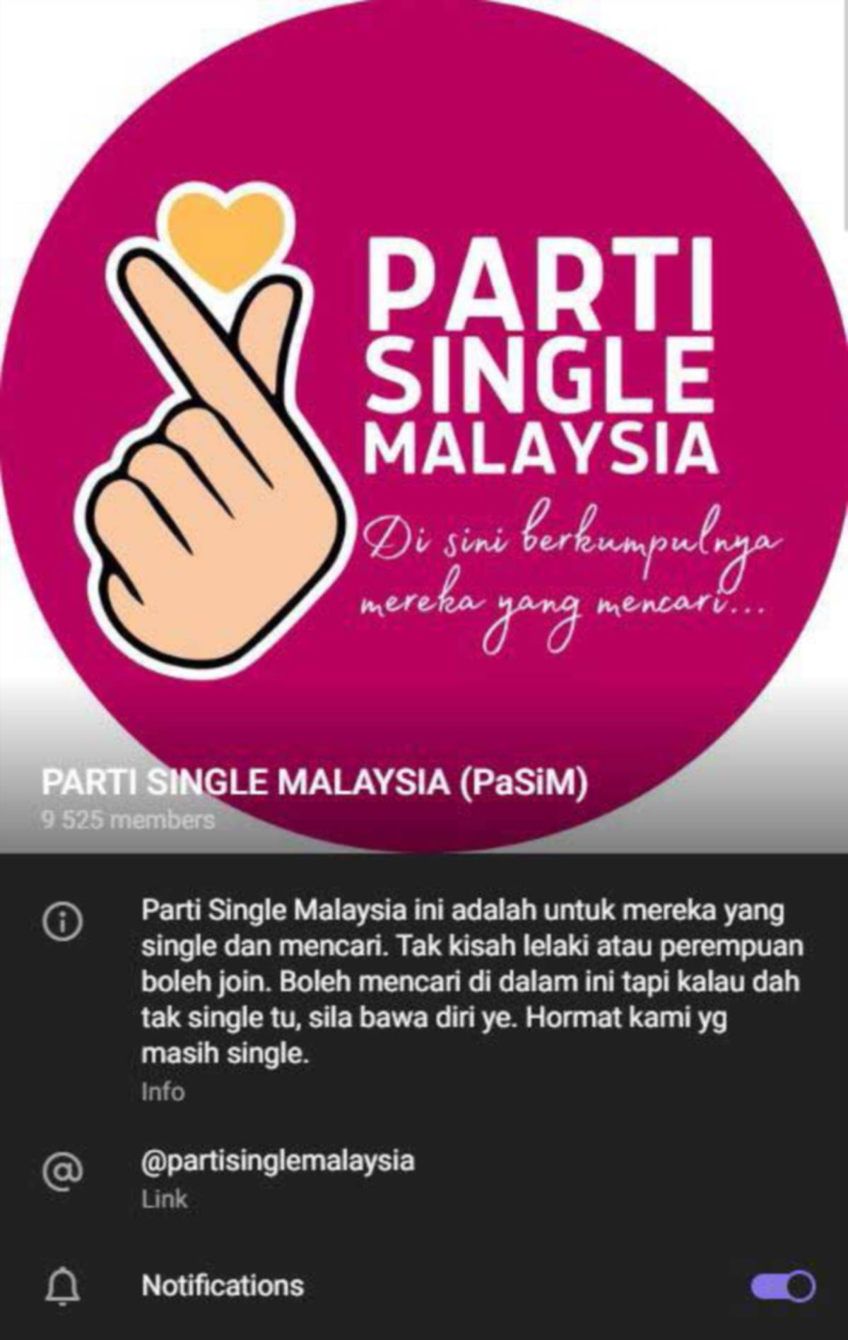 KUMPULAN Parti Single Malaysia yang ditubuhkan Izzati di Telegram untuk membantu individu mencari jodoh.