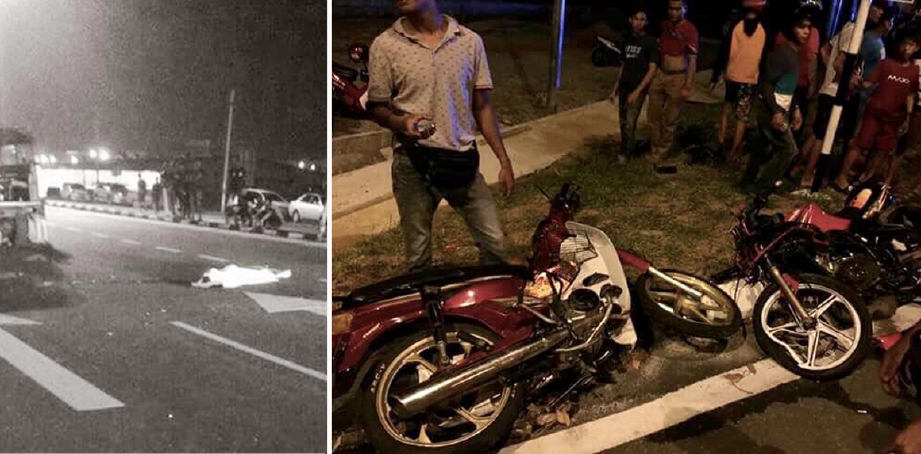 Keadaan motosikal dan mayat remaja 15 tahun yang maut selepas motosikalnya dirempuh motosikal dipercayai mat rempit. - Foto Ihsan Pembaca