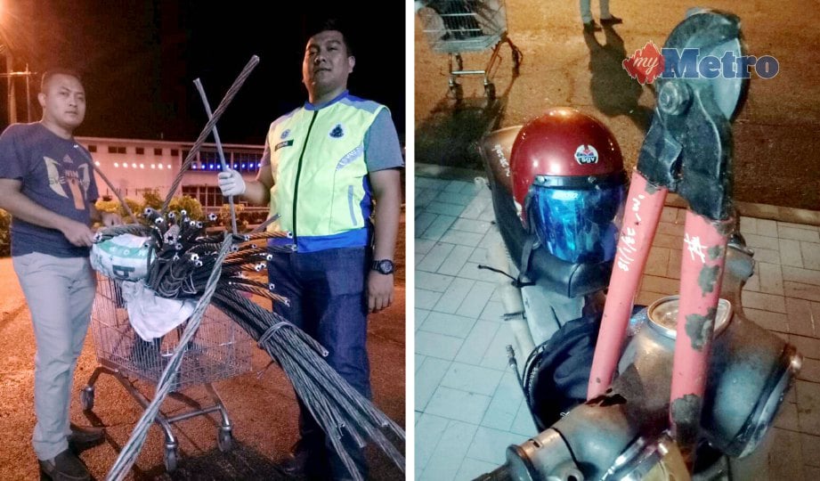 ANGGOTA polis menunjukkan kabel yang dipotong suspek. Gambar kanan, gunting besar dan motosikal yang dirampas. FOTO Ahmad Ismail 