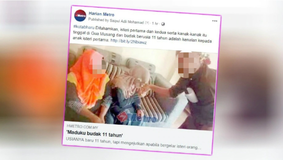 LAPORAN portal berita Harian Metro, hari ini mengenai perkahwinan lelaki berusia 41 tahun dengan kanak-kanak perempuan berusia 11 tahun yang tular di media sosial. 
