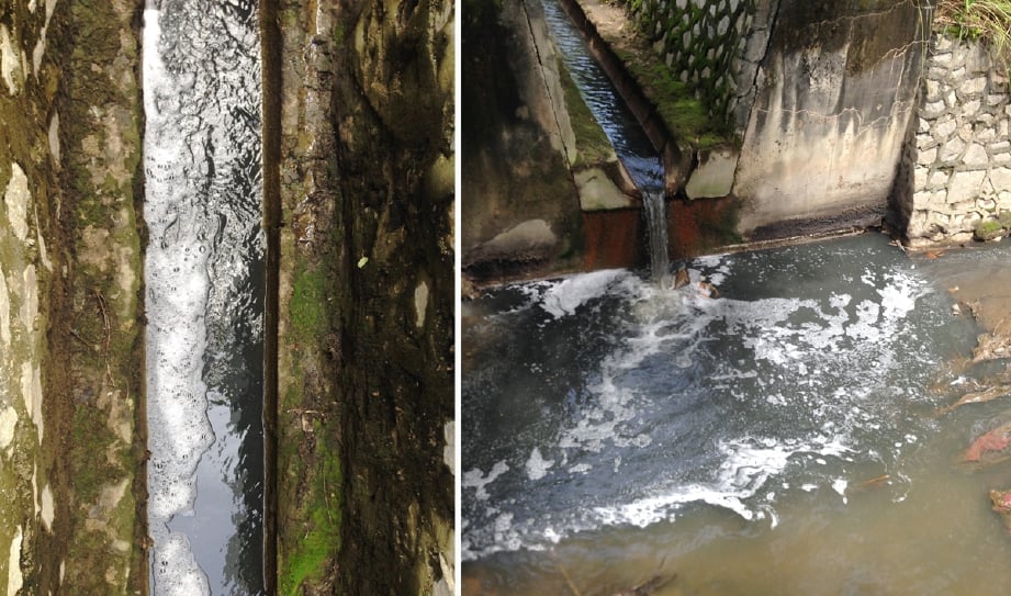 Keadaan air longkang yang kotor dan busuk mengalir terus ke dalam Sungai Batang Benar dipercayai sisa cecair industri. - Foto Bernama