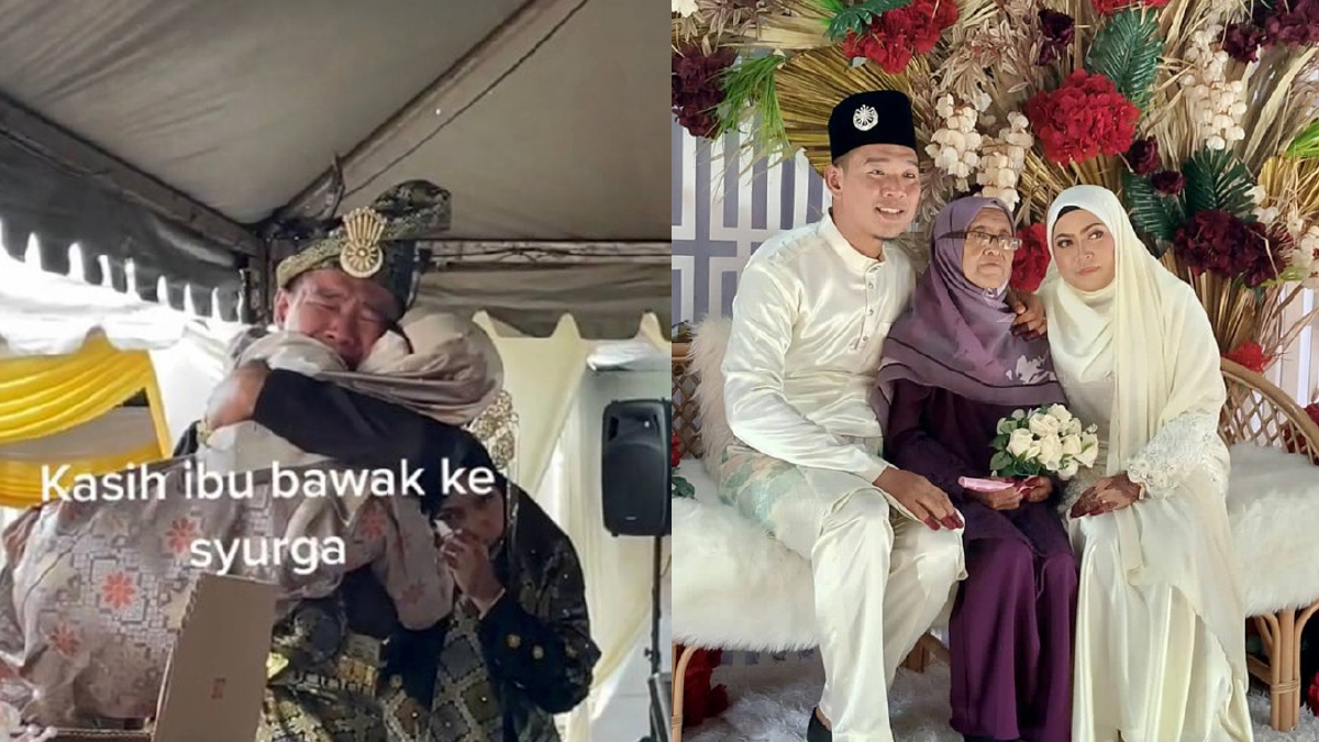 (Gambar kiri) MOHD Faris Azrin menangis ketika mendukung Siti Esah. (Gambar kanan) MOHD Faris Azrin dan isteri, Nur Ainn bersama Siti Esah. FOTO IHSAN MOHD FARIS AZRIN SAADON