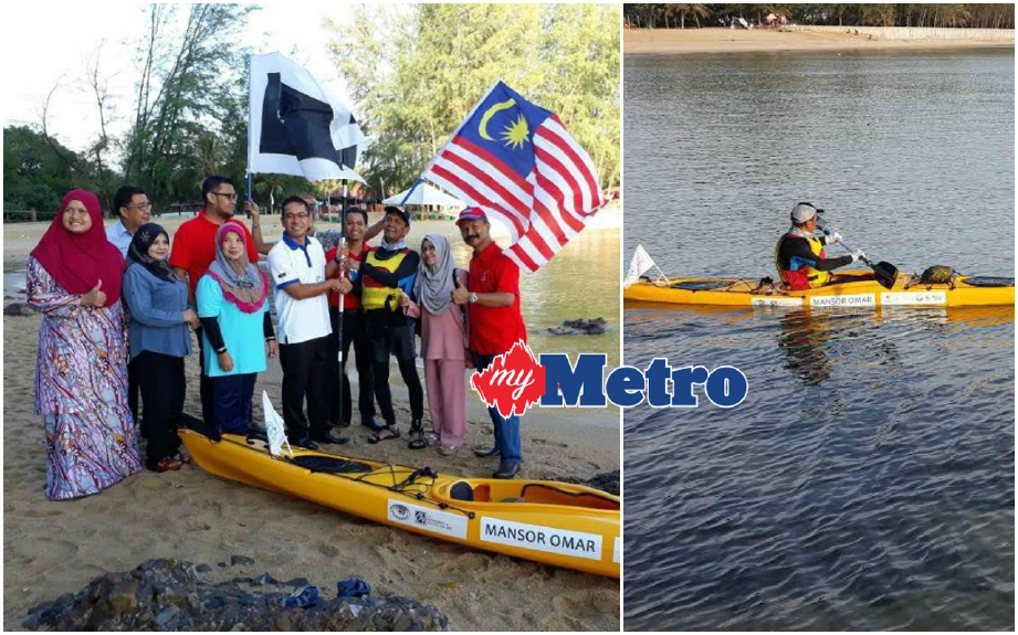 Tengku Zaihan (baju putih) memberi sokongan kepada Mansor pada Majlis Pelepasan Ekspedisi Ekspresi Negaraku Kayak Solo 2017 di Pantai Bukit Keluang. FOTO Mohammad Ishak