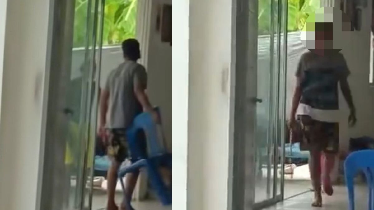 TANGKAP layar video tular seorang lelaki dan wanita dipercayai cuba memukul seorang penghuni rumah kebajikan.  