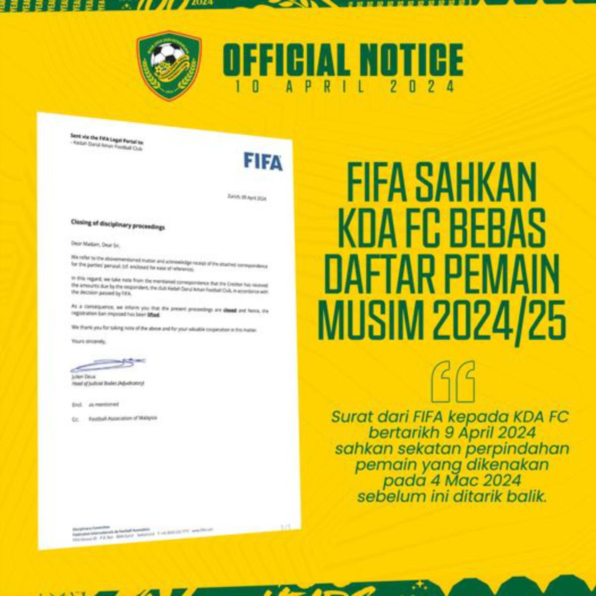 KDA FC disahkan bebas sekatan Fifa. FOTO FB KDA FC