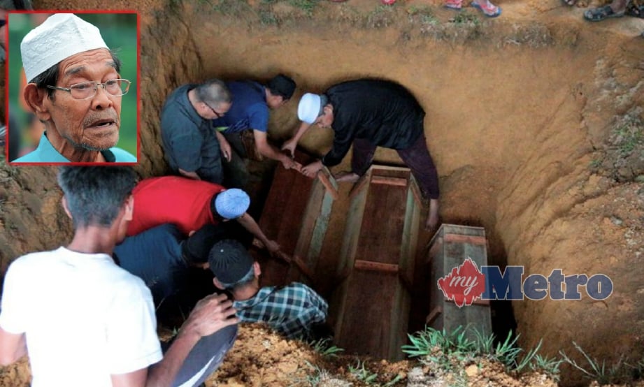 JENAZAH Mohd Nizam, Noor Hafizah dan Muhammad Afiq dikebumikan dalam satu liang lahad di Tanah Perkuburan Islam Mukim Wakaf Bata, Machang, hari ini. Gambar kecil, Ismail. FOTO Faris Zainuldin.