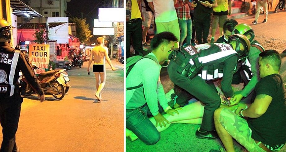 Lelaki bogel dipercayai pelancong Russia mengamuk sambil membawa pisau di jalanan Pattaya.