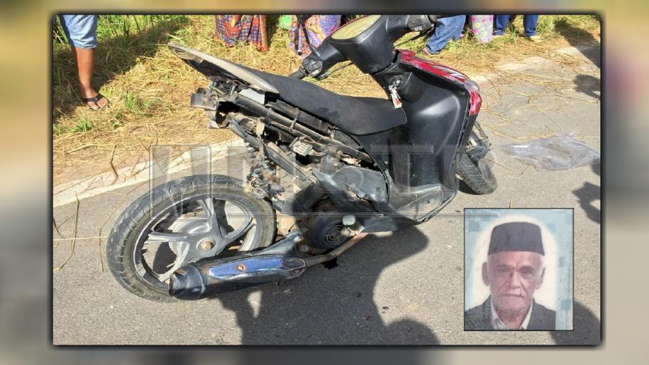 Motosikal dinaiki Mohamed Saphi (gambar kecil) yang terbabit kemalangan di FELDA Jengka 8, Maran. FOTO Ihsan Polis 